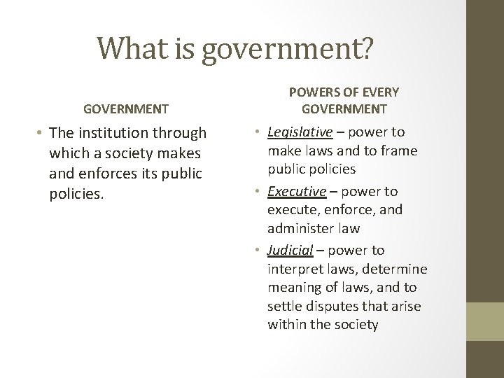 What is government? GOVERNMENT • The institution through which a society makes and enforces