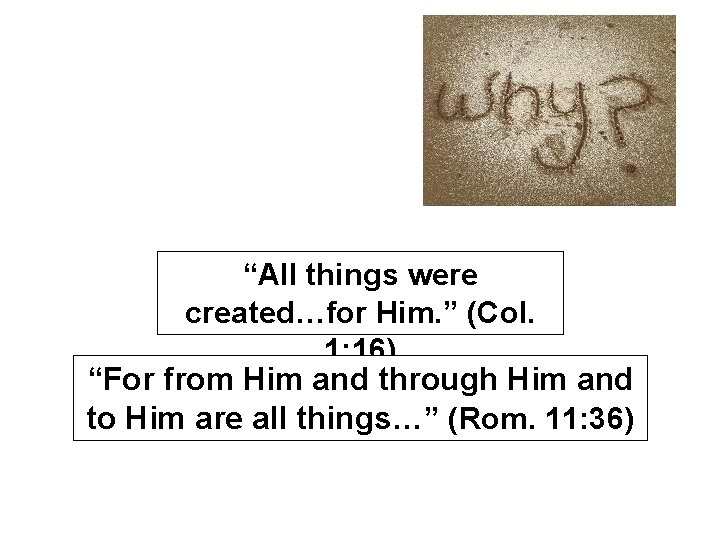 “All things were created…for Him. ” (Col. 1: 16) “For from Him and through