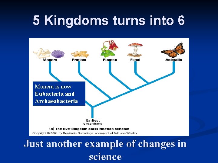 5 Kingdoms turns into 6 Monera is now Eubacteria and Archaeabacteria Just another example 5 Kingdoms turns into 6 Monera is now Eubacteria and Archaeabacteria Just another example