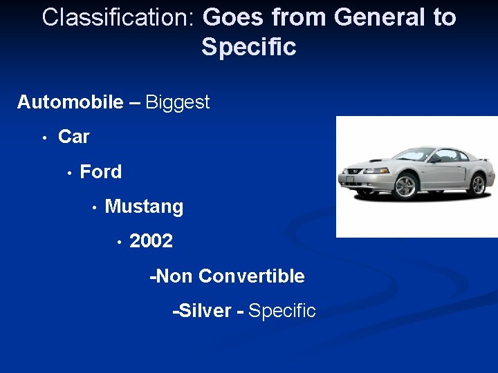 Classification: Goes from General to Specific Automobile – Biggest • Car • Ford • Classification: Goes from General to Specific Automobile – Biggest • Car • Ford •