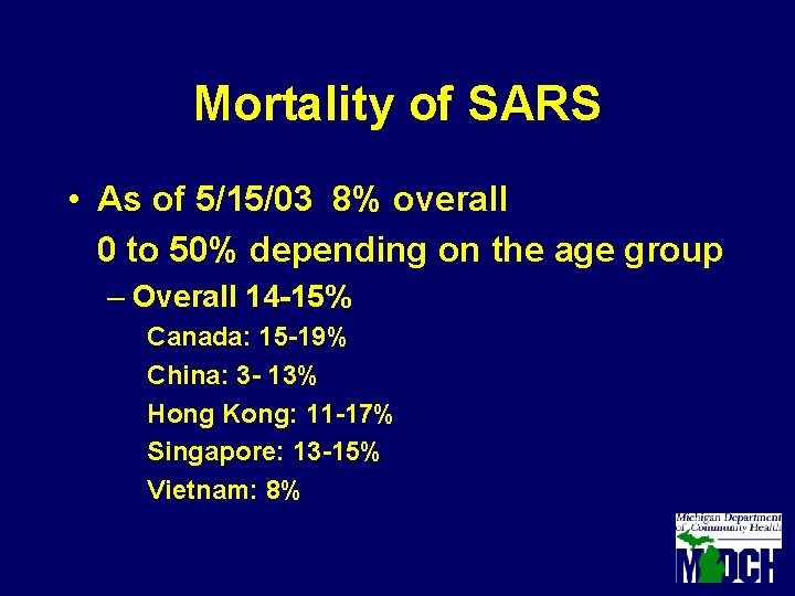 Mortality of SARS • As of 5/15/03 8% overall 0 to 50% depending on