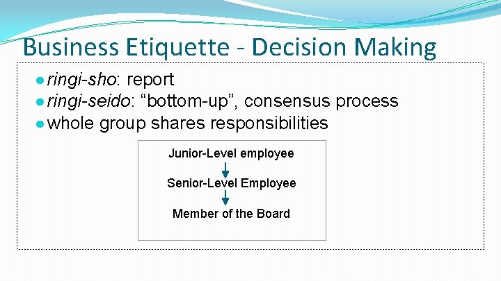 Business Etiquette - Decision Making ● ringi-sho: report ● ringi-seido: “bottom-up”, consensus process ●