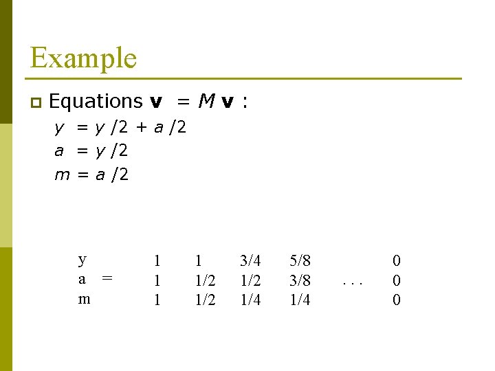 Example p Equations v = M v : y = y /2 + a