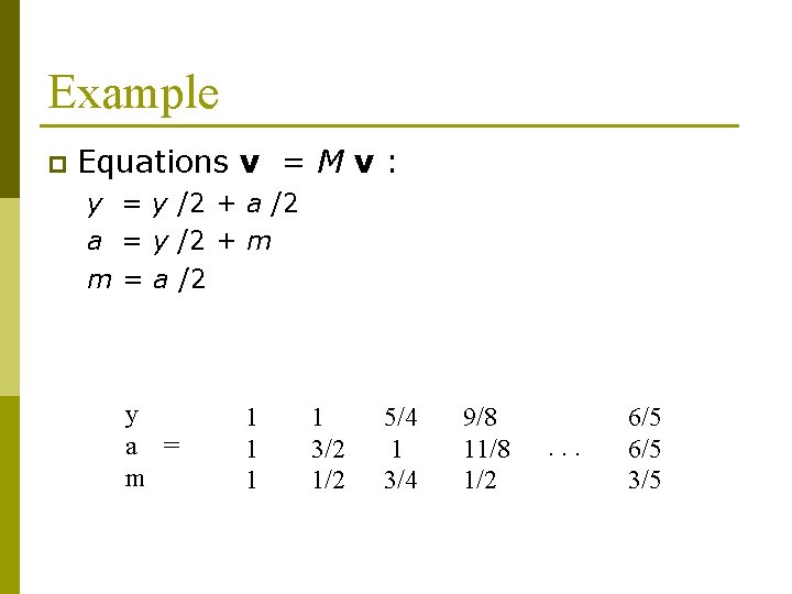 Example p Equations v = M v : y = y /2 + a
