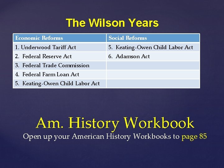 The Wilson Years Economic Reforms Social Reforms 1. Underwood Tariff Act 5. Keating-Owen Child