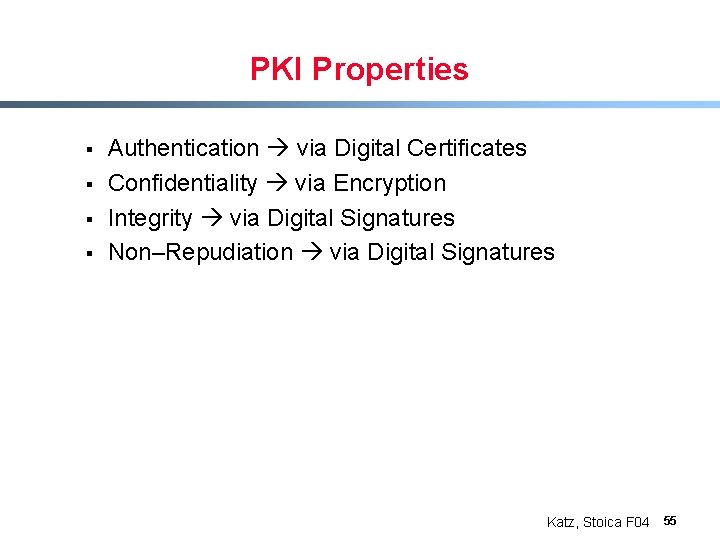 PKI Properties § § Authentication via Digital Certificates Confidentiality via Encryption Integrity via Digital