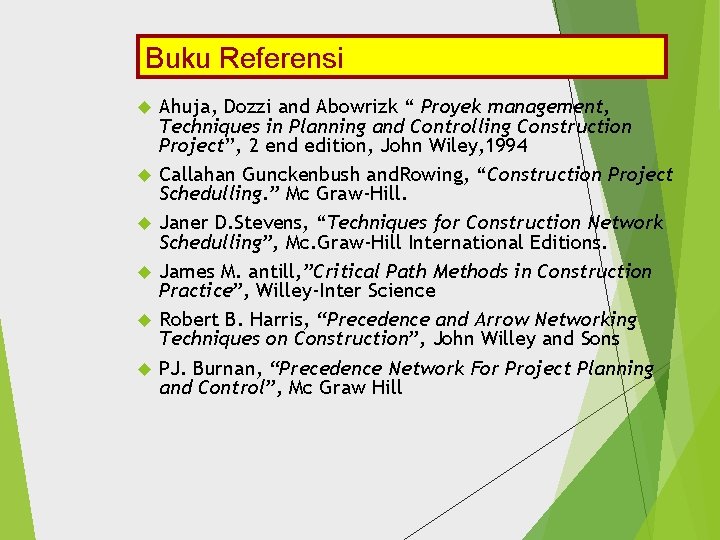 Buku Referensi Ahuja, Dozzi and Abowrizk “ Proyek management, Techniques in Planning and Controlling