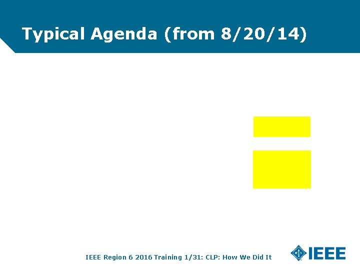 Typical Agenda (from 8/20/14) IEEE Region 6 2016 Training 1/31: CLP: How We Did