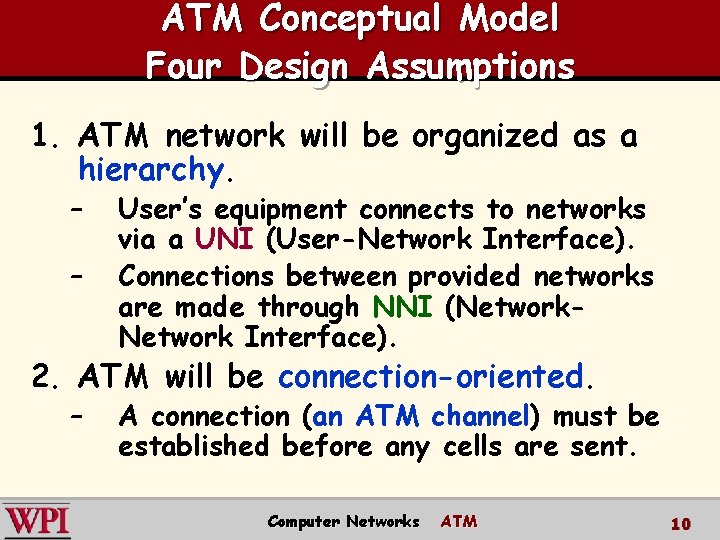 ATM Conceptual Model Four Design Assumptions 1. ATM network will be organized as a