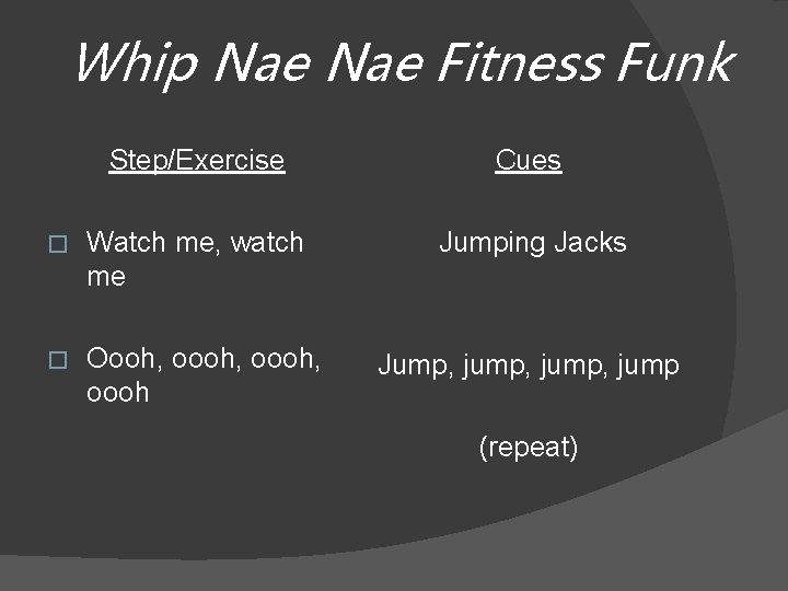 Whip Nae Fitness Funk Step/Exercise Cues � Watch me, watch me Jumping Jacks �