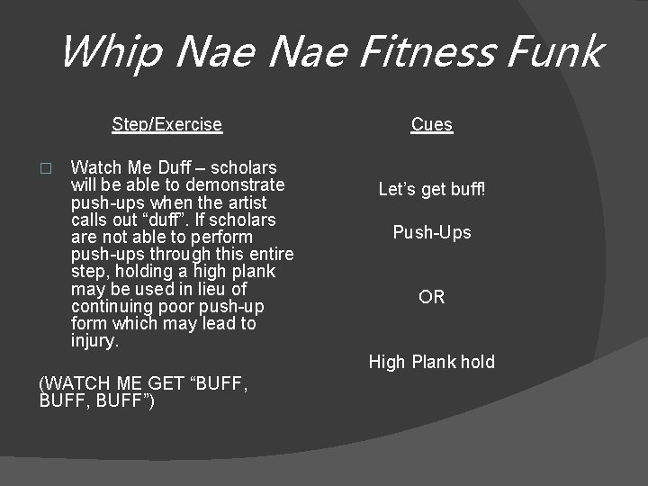 Whip Nae Fitness Funk Step/Exercise � Watch Me Duff – scholars will be able