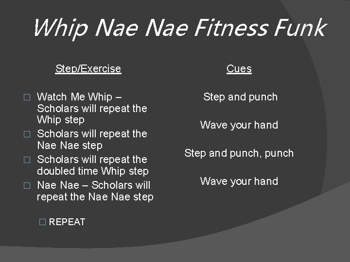 Whip Nae Fitness Funk Step/Exercise Cues Watch Me Whip – Scholars will repeat the