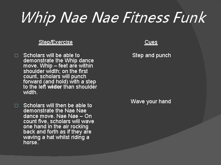 Whip Nae Fitness Funk Step/Exercise � Scholars will be able to demonstrate the Whip