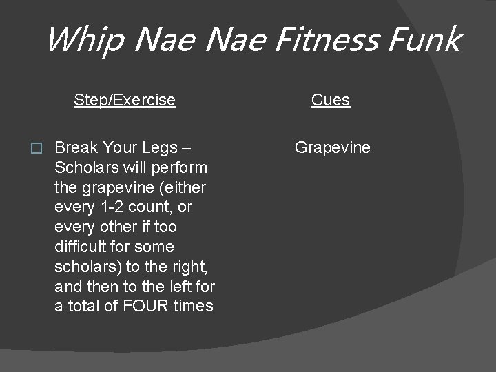 Whip Nae Fitness Funk Step/Exercise � Break Your Legs – Scholars will perform the