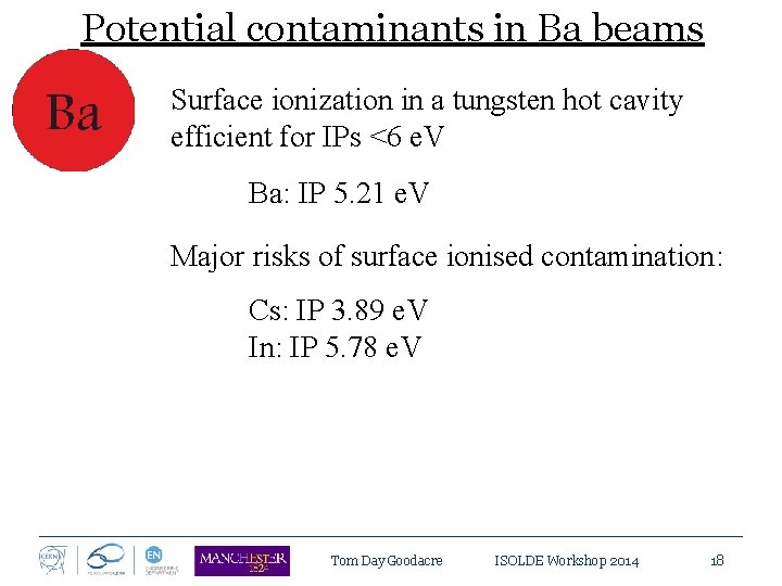 Potential contaminants in Ba beams Surface ionization in a tungsten hot cavity efficient for
