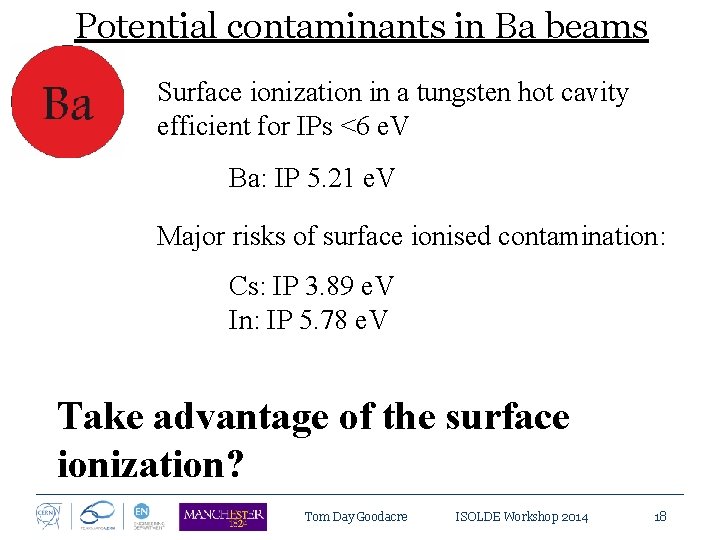 Potential contaminants in Ba beams Surface ionization in a tungsten hot cavity efficient for