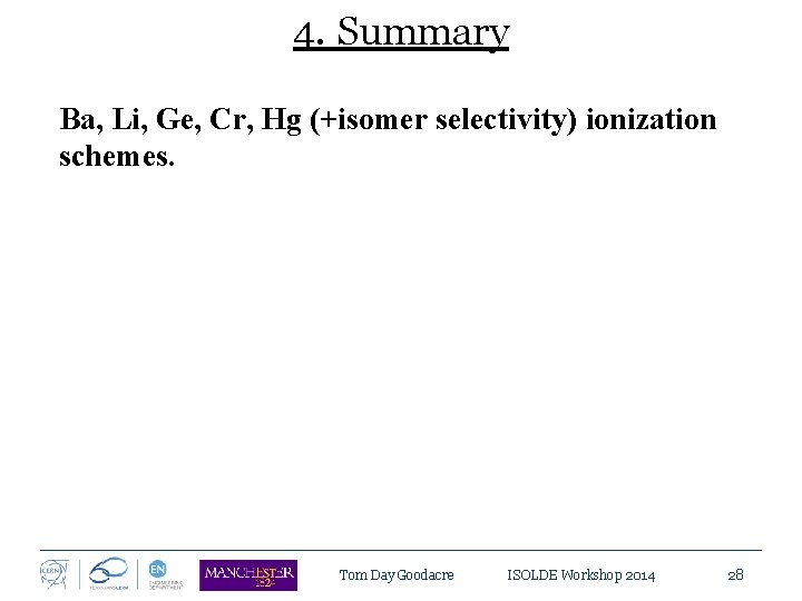4. Summary Ba, Li, Ge, Cr, Hg (+isomer selectivity) ionization schemes. Tom Day Goodacre