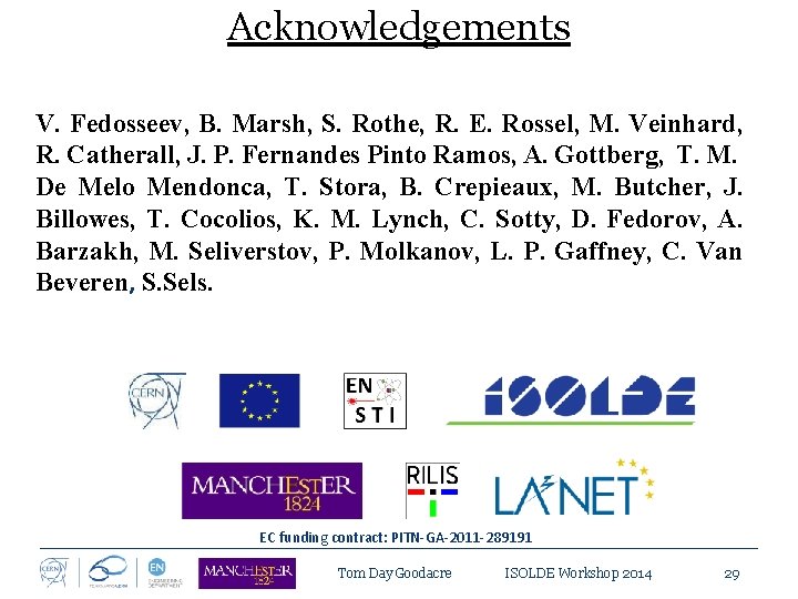 Acknowledgements V. Fedosseev, B. Marsh, S. Rothe, R. E. Rossel, M. Veinhard, R. Catherall,