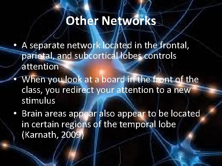 Other Networks • A separate network located in the frontal, parietal, and subcortical lobes