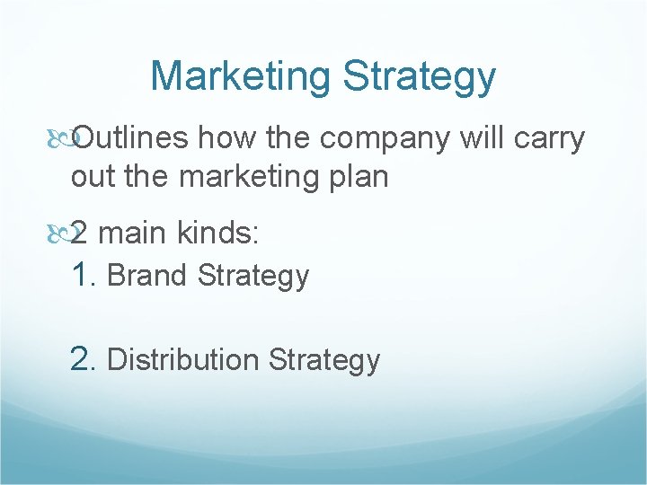 Marketing Strategy Outlines how the company will carry out the marketing plan 2 main