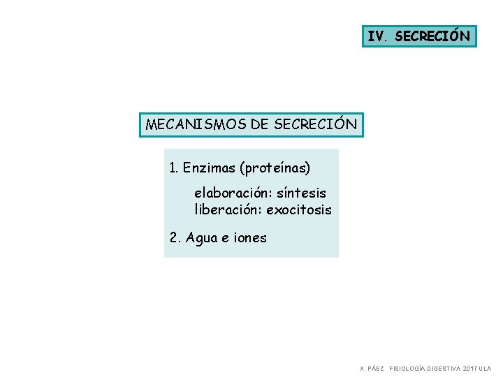 IV. SECRECIÓN MECANISMOS DE SECRECIÓN 1. Enzimas (proteínas) elaboración: síntesis liberación: exocitosis 2. Agua