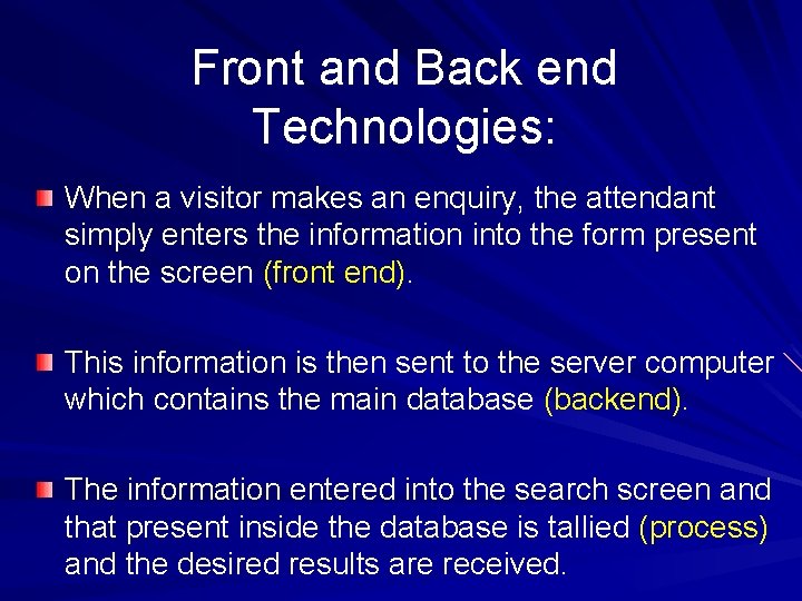 Front and Back end Technologies: When a visitor makes an enquiry, the attendant simply
