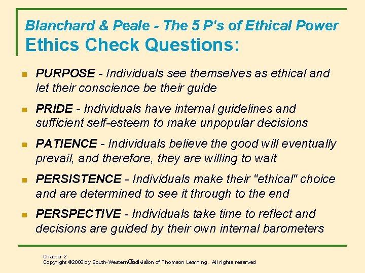 Blanchard & Peale - The 5 P's of Ethical Power Ethics Check Questions: n