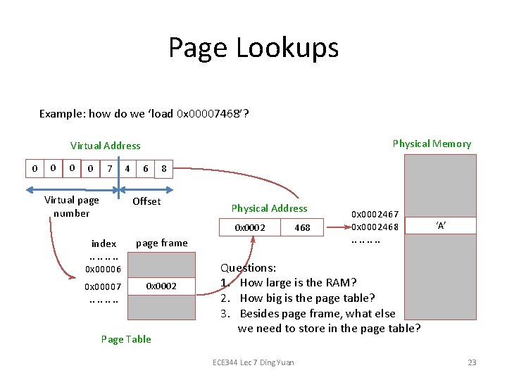 Page Lookups Example: how do we ‘load 0 x 00007468’? Physical Memory Virtual Address