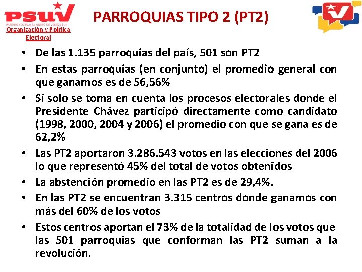 Organización y Política Electoral PARROQUIAS TIPO 2 (PT 2) • De las 1. 135