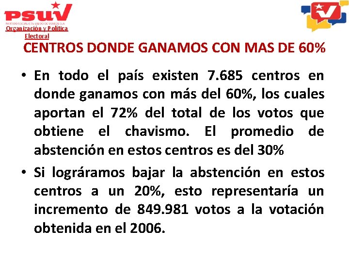 Organización y Política Electoral CENTROS DONDE GANAMOS CON MAS DE 60% • En todo