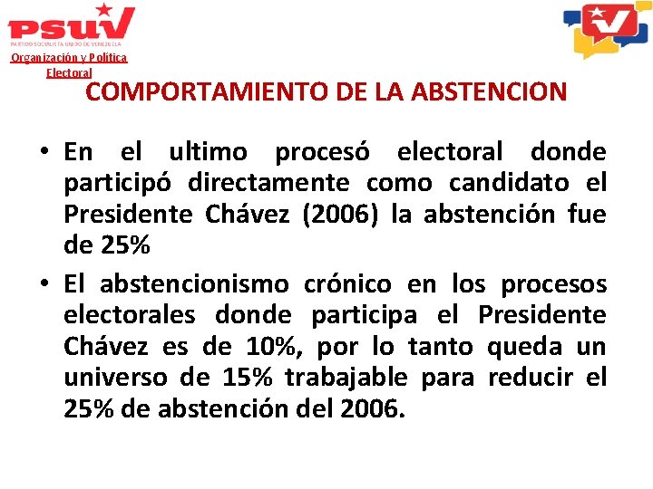 Organización y Política Electoral COMPORTAMIENTO DE LA ABSTENCION • En el ultimo procesó electoral