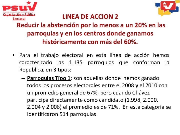 Organización y Política Electoral LINEA DE ACCION 2 Reducir la abstención por lo menos