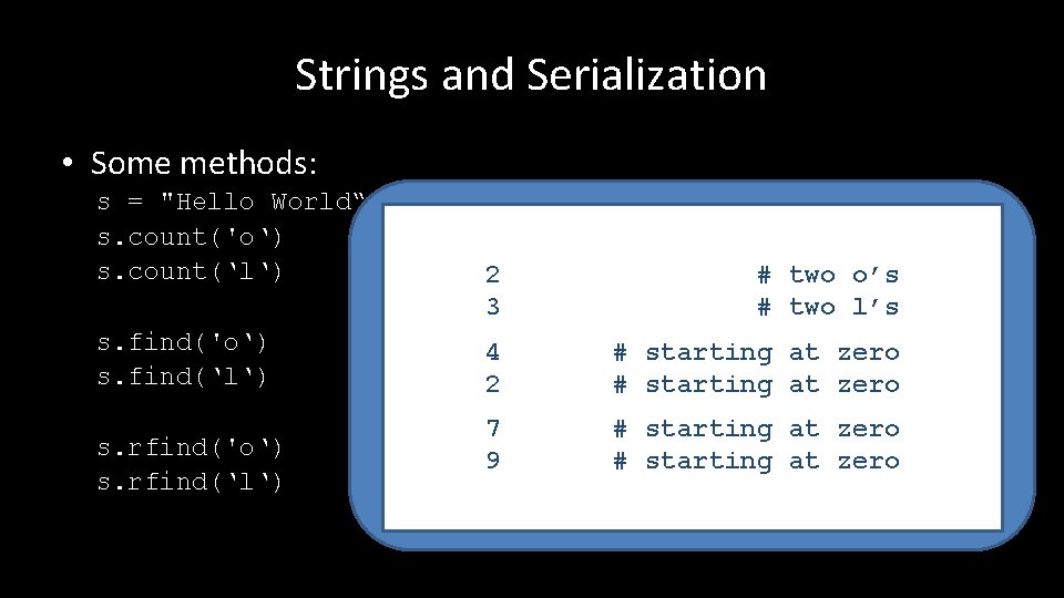 Strings and Serialization • Some methods: s = "Hello World“ s. count('o‘) # How