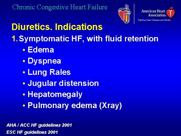 Chronic Congestive Heart Failure Diuretics. Indications 1. Symptomatic HF, with fluid retention • Edema