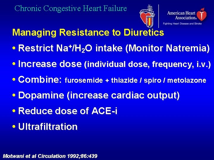 Chronic Congestive Heart Failure Managing Resistance to Diuretics • Restrict Na+/H 2 O intake