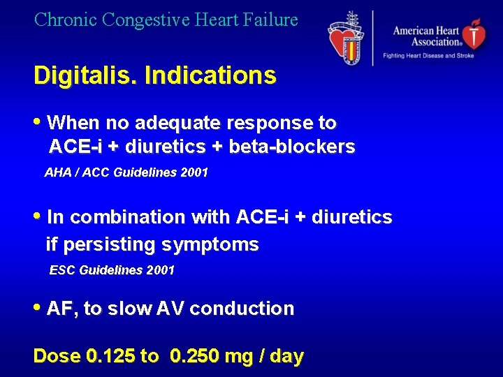 Chronic Congestive Heart Failure Digitalis. Indications • When no adequate response to ACE-i +