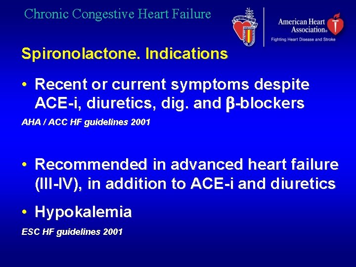 Chronic Congestive Heart Failure Spironolactone. Indications • Recent or current symptoms despite ACE-i, diuretics,