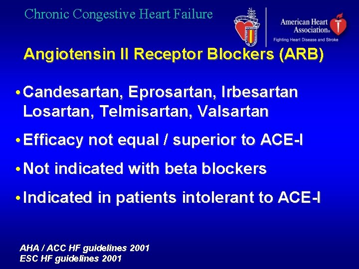 Chronic Congestive Heart Failure Angiotensin II Receptor Blockers (ARB) • Candesartan, Eprosartan, Irbesartan Losartan,