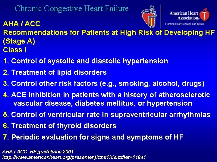Chronic Congestive Heart Failure AHA / ACC Recommendations for Patients at High Risk of