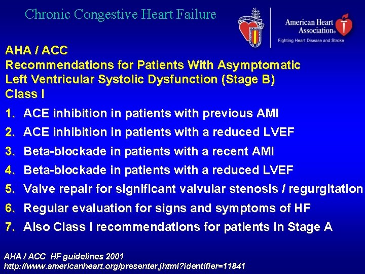 Chronic Congestive Heart Failure AHA / ACC Recommendations for Patients With Asymptomatic Left Ventricular