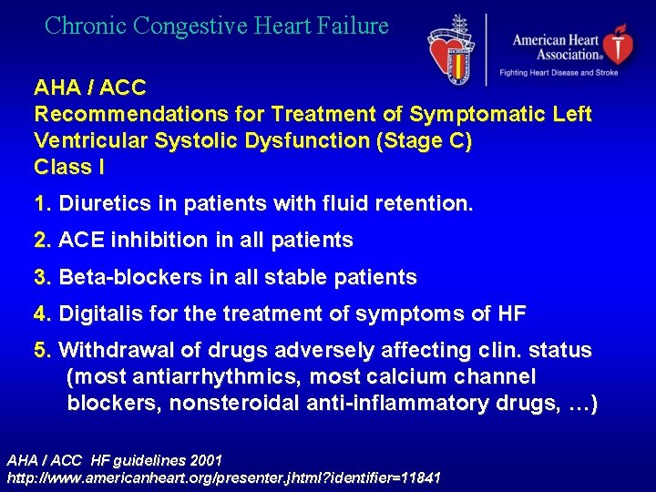 Chronic Congestive Heart Failure AHA / ACC Recommendations for Treatment of Symptomatic Left Ventricular