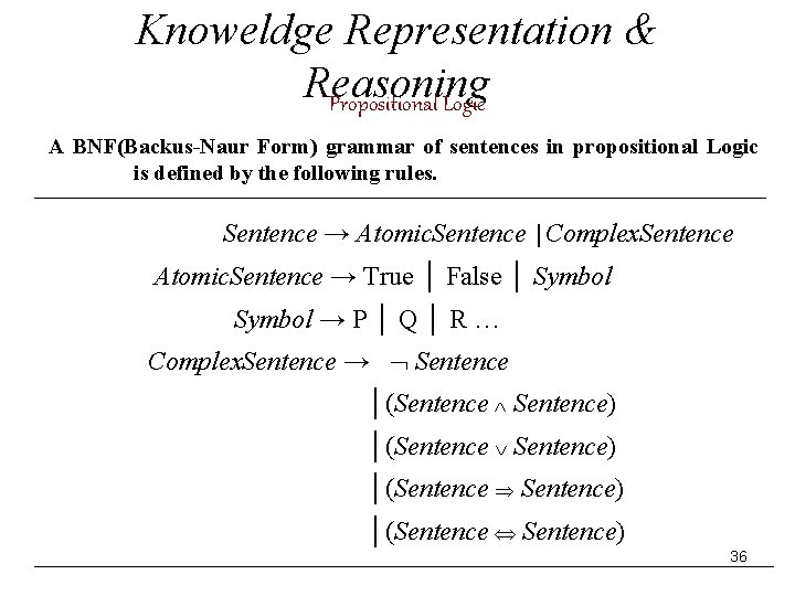 Knoweldge Representation & Reasoning Propositional Logic A BNF(Backus-Naur Form) grammar of sentences in propositional