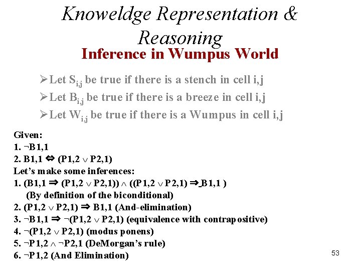 Knoweldge Representation & Reasoning Inference in Wumpus World ØLet Si, j be true if