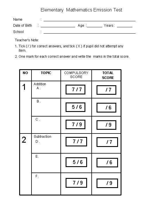 Elementary Mathematics Emission Test Name : ________________________ Date of Birth : _________ Age :