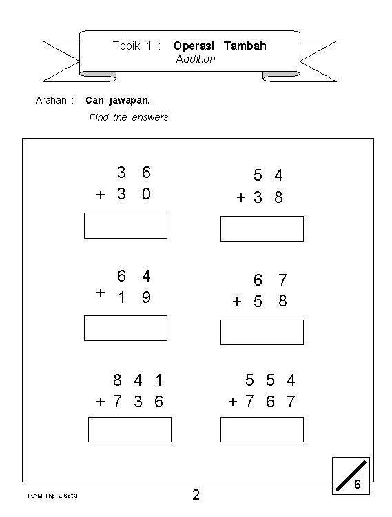 Topik 1 : Arahan : Operasi Tambah Addition Cari jawapan. Find the answers IKAM