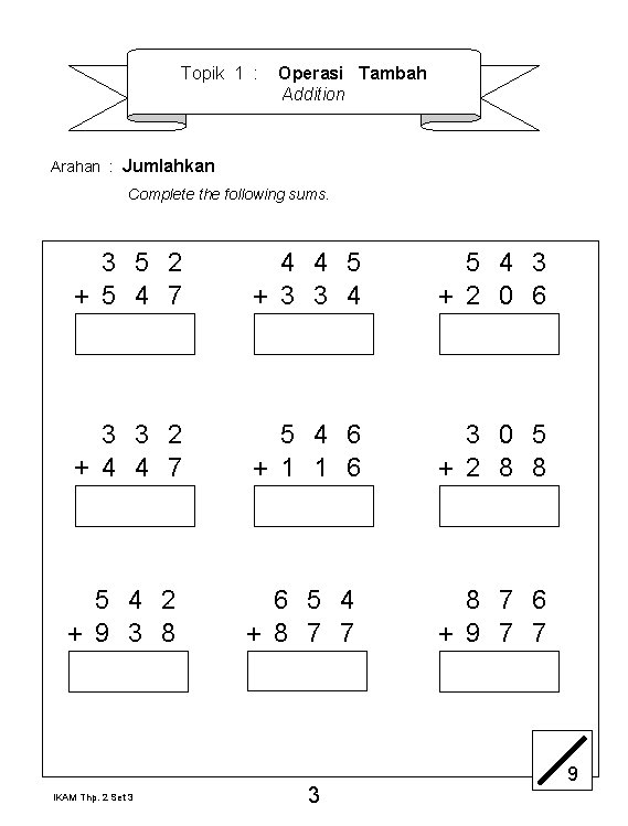 Topik 1 : Operasi Tambah Addition Arahan : Jumlahkan Complete the following sums. 3