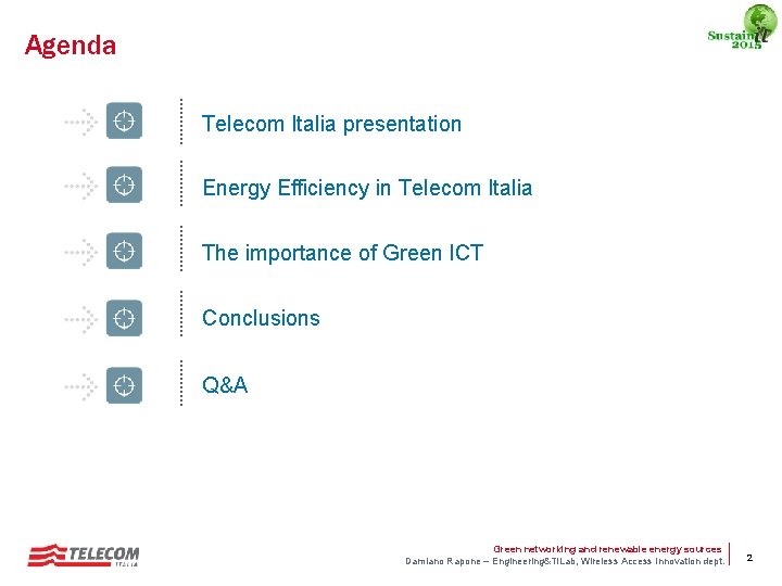 Agenda Telecom Italia presentation Energy Efficiency in Telecom Italia The importance of Green ICT