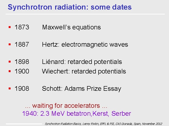 Synchrotron radiation: some dates § 1873 Maxwell’s equations § 1887 Hertz: electromagnetic waves §