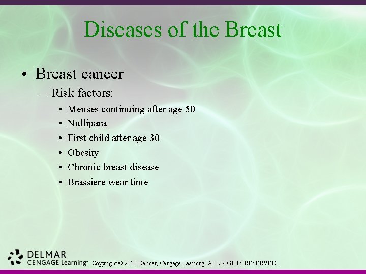 Diseases of the Breast • Breast cancer – Risk factors: • • • Menses
