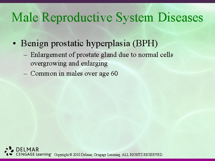 Male Reproductive System Diseases • Benign prostatic hyperplasia (BPH) – Enlargement of prostate gland